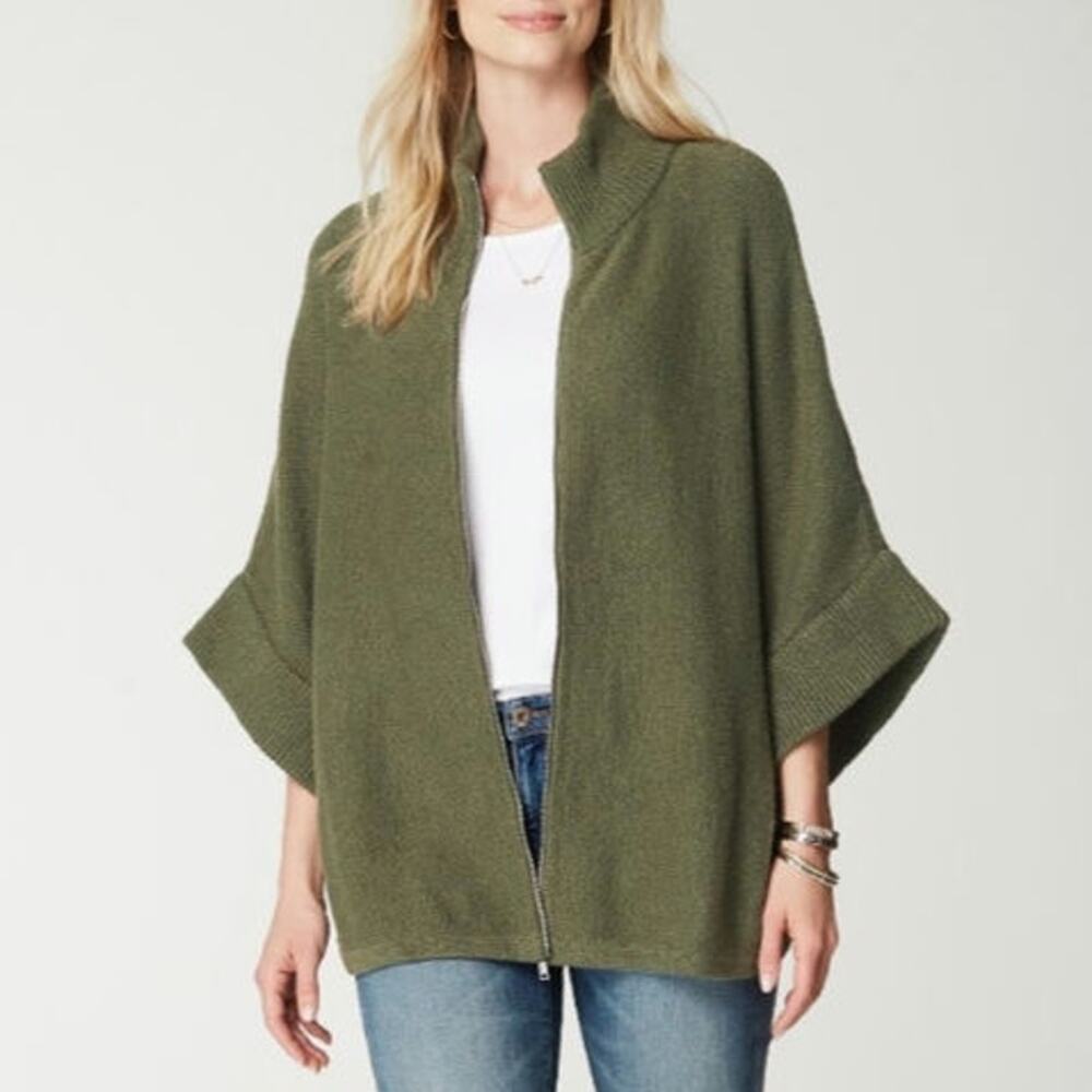 J. Jill Jacquard Knit Zip Up Poncho Mock Neck Sleeves Olive Green Size S-L NWT